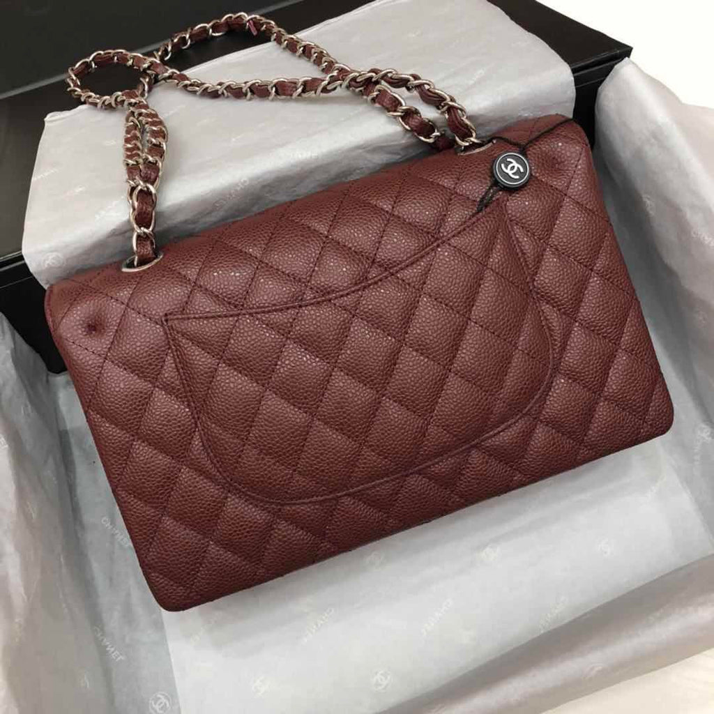 CHANEL Bordeaux Caviar Leather Classic Double Flap 2.55 Shoulder Bag Silver HW 2021