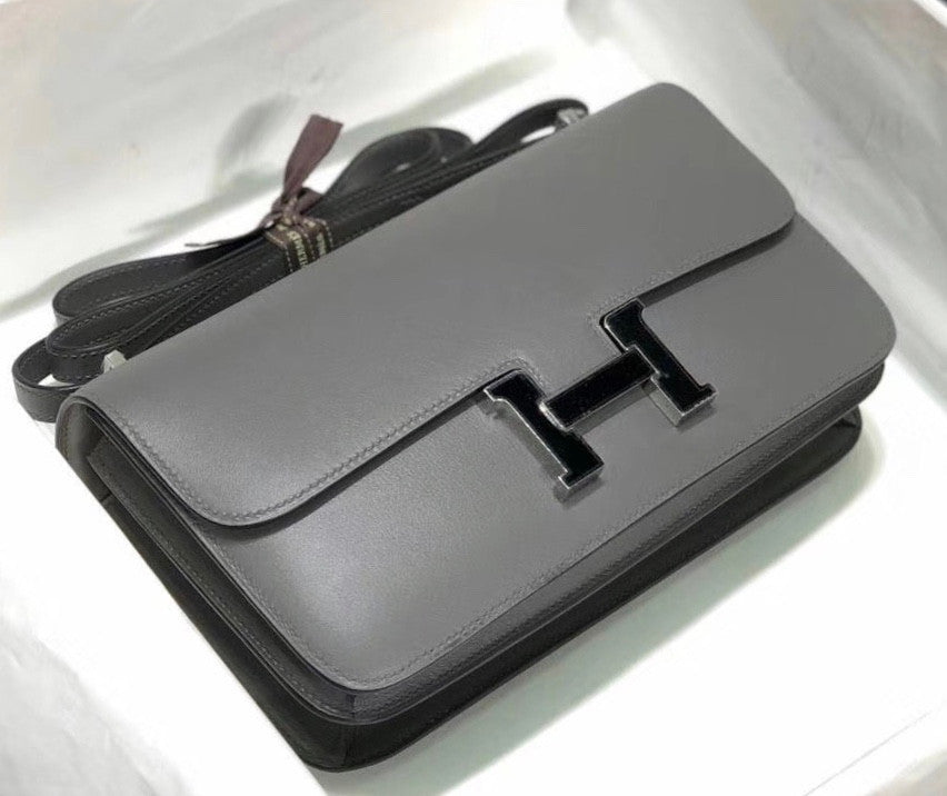 Hermes Constance 25cm Grey Box Leather Shoulder Bag with Enamel Hardware