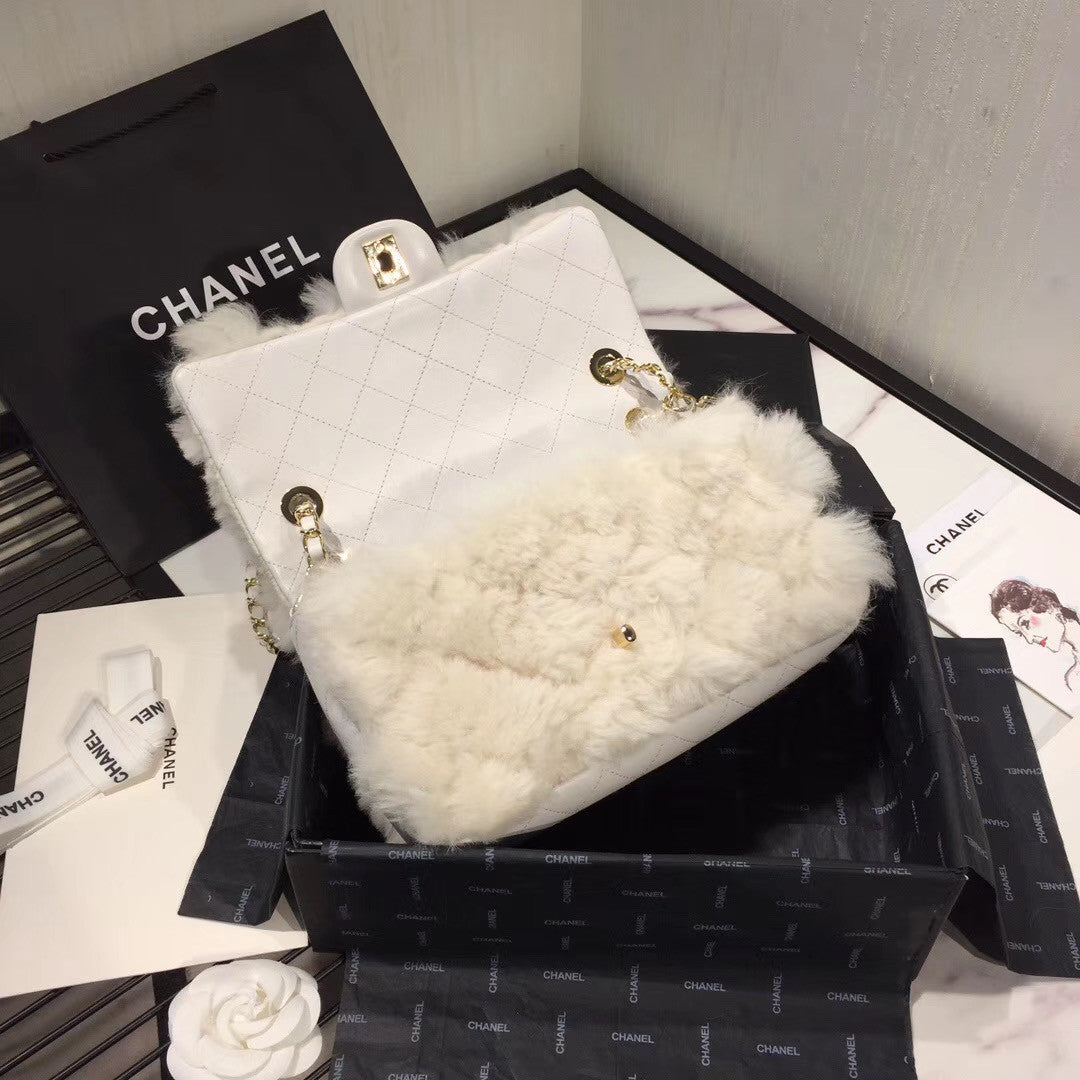 Chanel Shearling Lambskin Flap Bag White