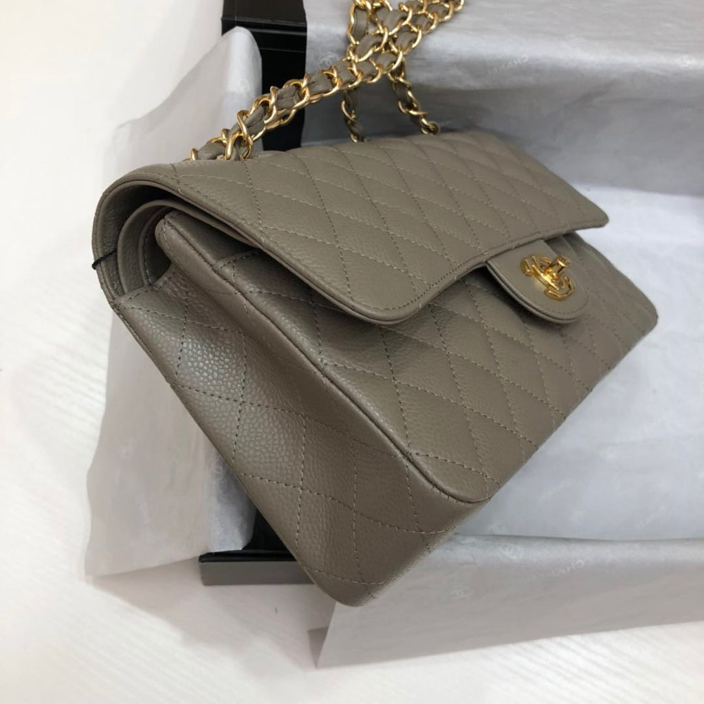 CHANEL Khaki Caviar Leather Classic Double Flap 2.55 Shoulder Bag Gold HW 2021