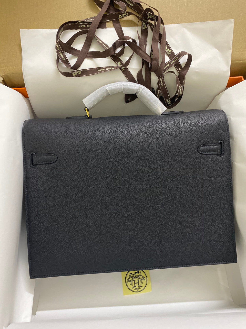 Hermes Kelly Depeche 38 Briefcase in Black with Gold Hardware