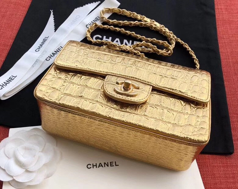 Chanel Mini Gold Metallic Crocodile Embossed Flap Bag