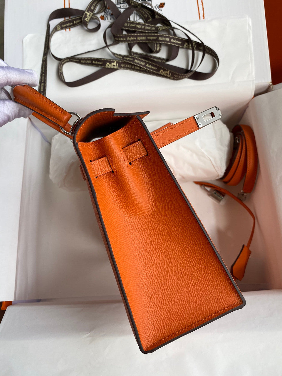 HERMES KELLY 28 SELLIER ORANGE EPSOM PALLADIUM HARDWARE