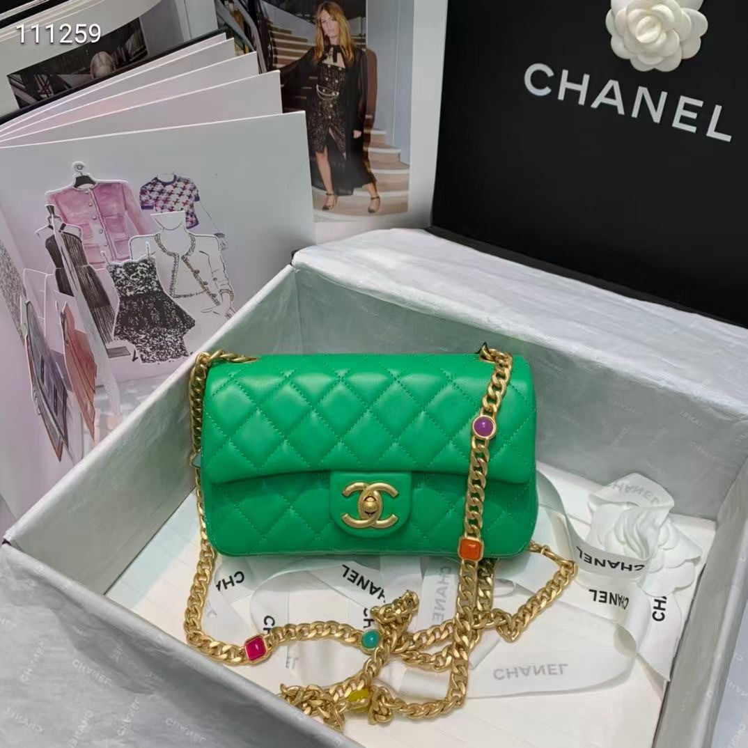 Chanel Flap Bag with  Resin & Gold-Tone Metal Green Small