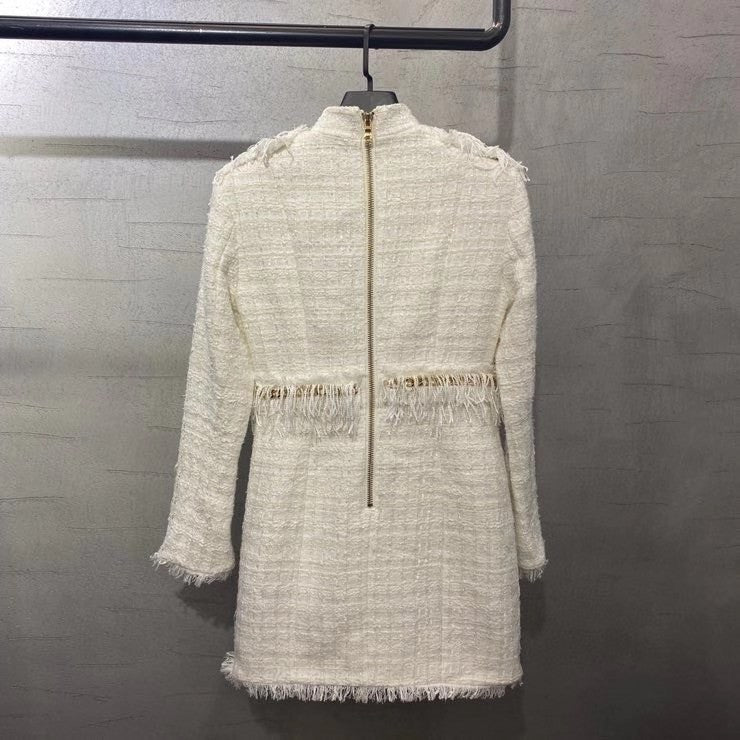 BALMAIN Short white tweed dress with gold-tone buttons and chains