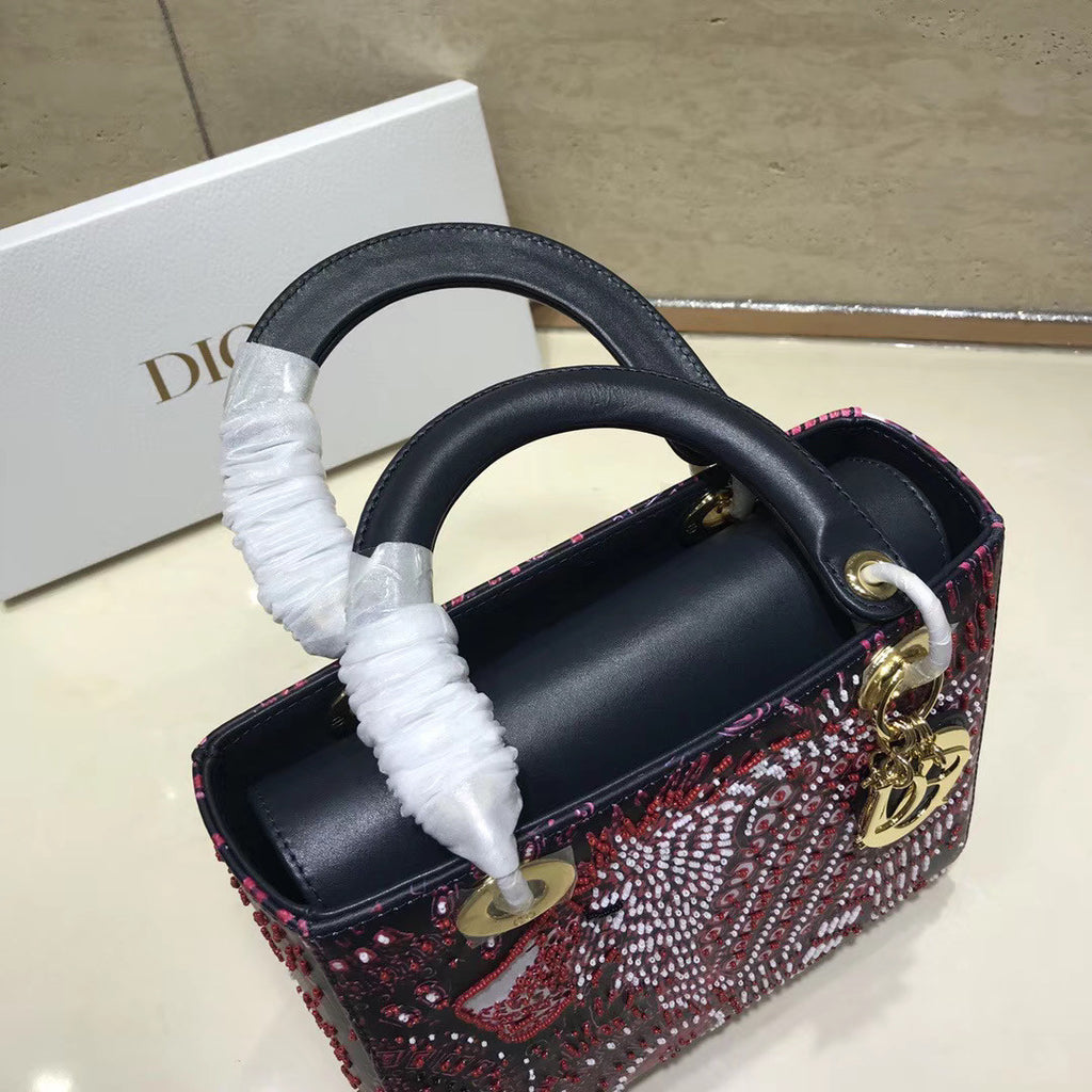 Christian Dior FUCHSIA LADY DIOR MEDIUM DIOR ANIMALS EMBROIDERED SMOOTH CALFSKIN BAG