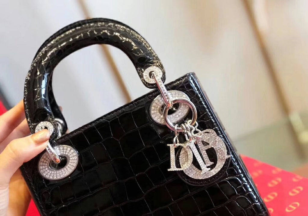 Christian Dior Black  Alligator Mini Lady Dior Tote with gemstone hardware