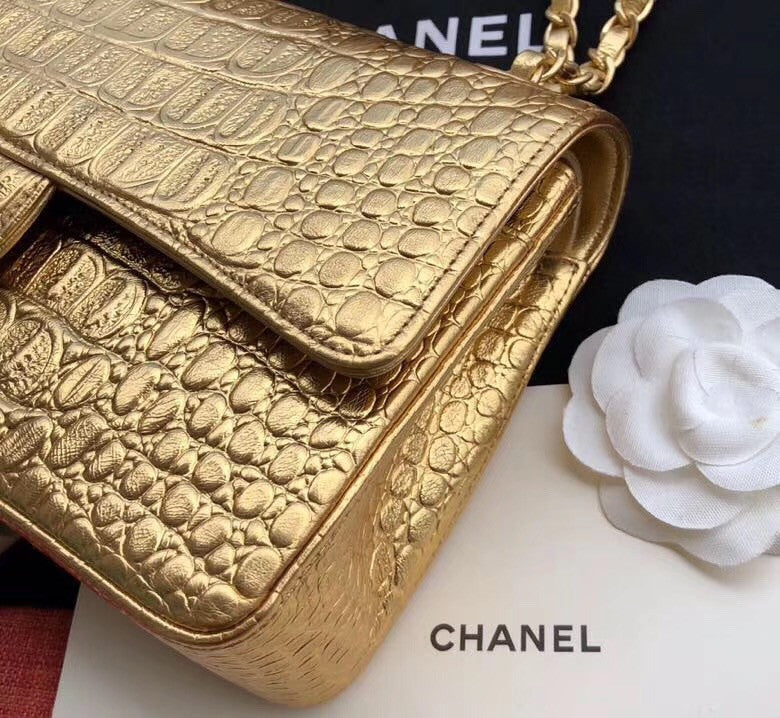 Chanel Small Gold Metallic Crocodile Embossed Flap Bag