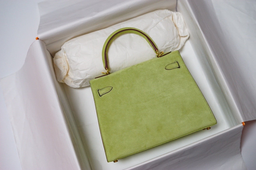 Hermes  FEATHER KELLY 25 Green Peacock feather & Suede  with Gold Hardware