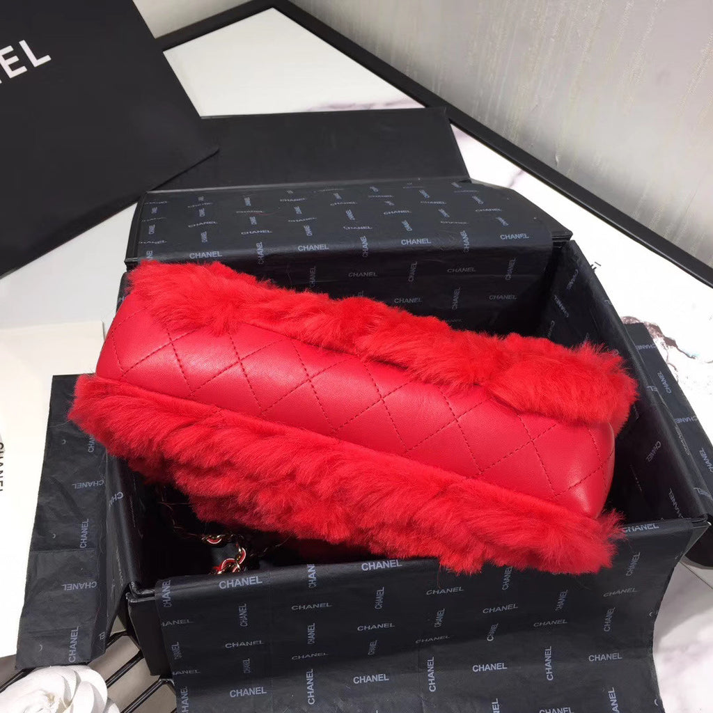 Chanel Shearling Lambskin Flap Bag Red