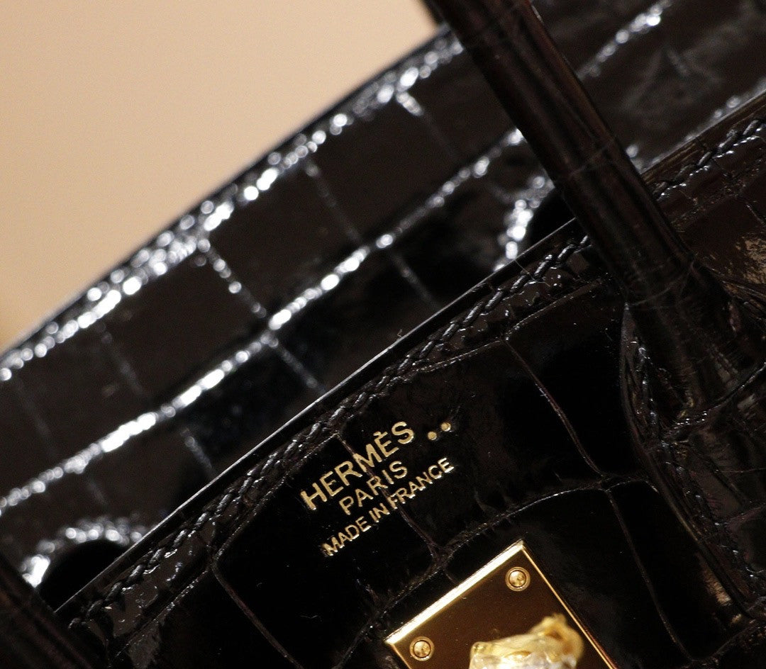 Hermes BLACK Birkin Bag 25cm Shinning Niloticus Crocodile Gold Hardware