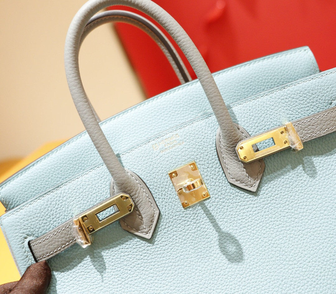 Hermes Special Order Bi-Colour 3P Blue Atoll/ 4Z Gris Mouette Birkin 25 cm Togo Gold  Hardware