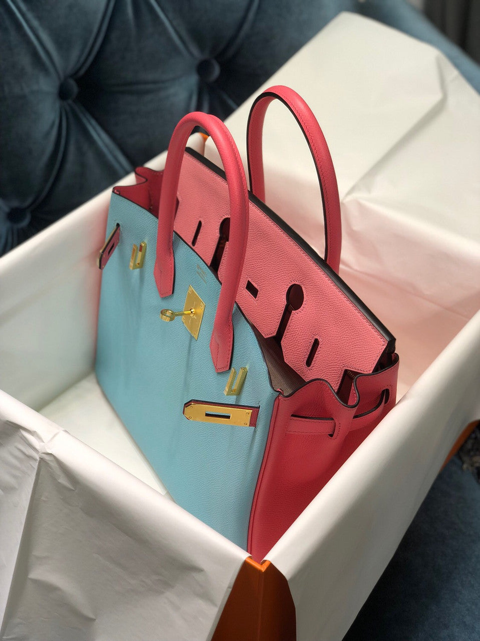 Hermes Special Order Tri-Colour  Rose Confetti, Rose Tyrien, Celest  Birkin 30 cm Epsom Gold   Hardware
