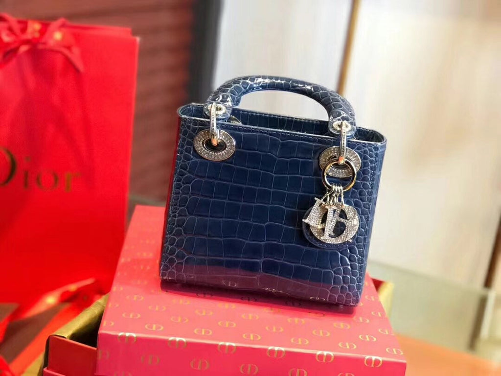 Christian Dior Blue  Alligator Mini Lady Dior Tote with gemstone hardware