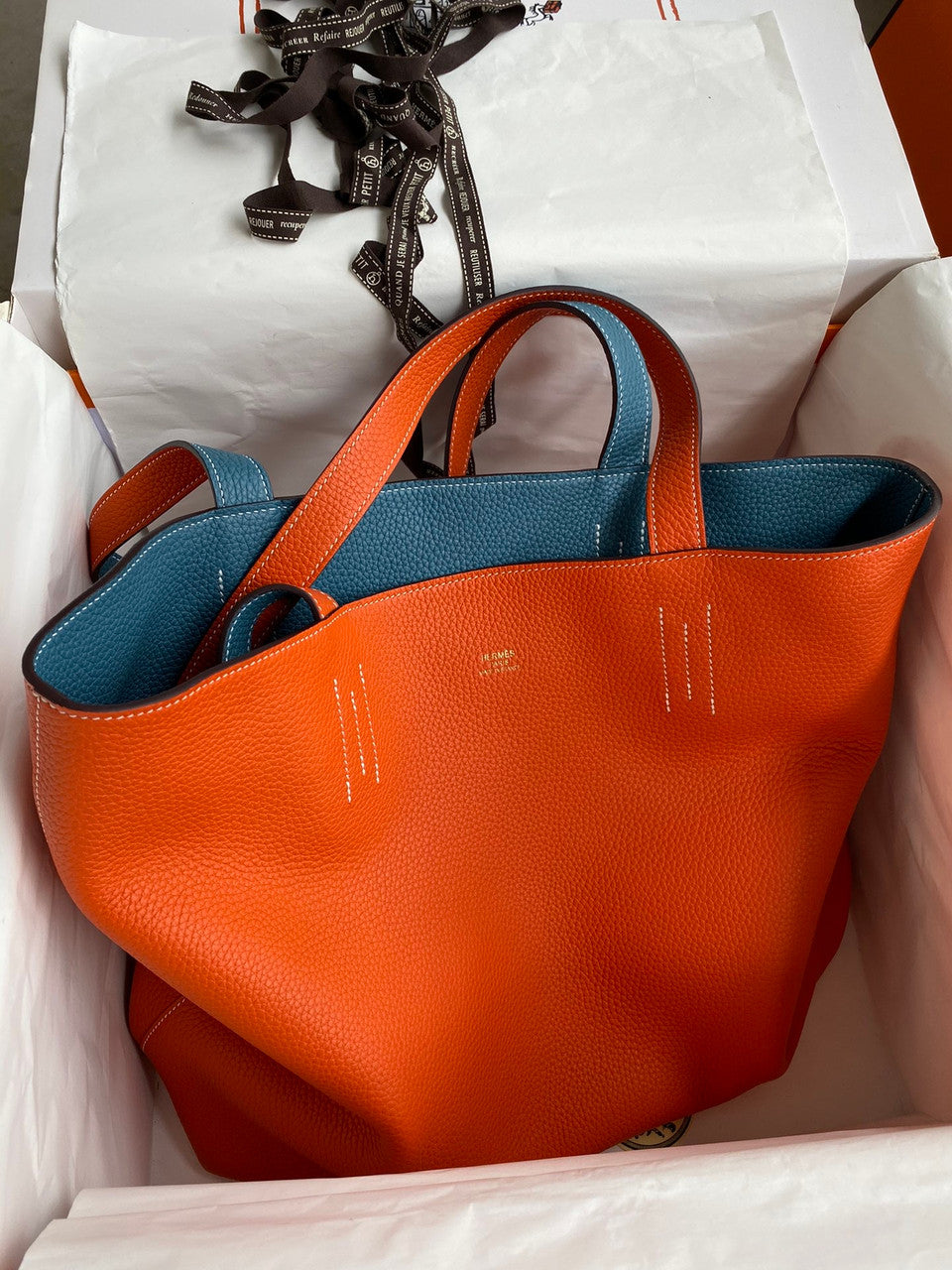 Hermes Double Sens Tote 30 Orange & Blue Jean