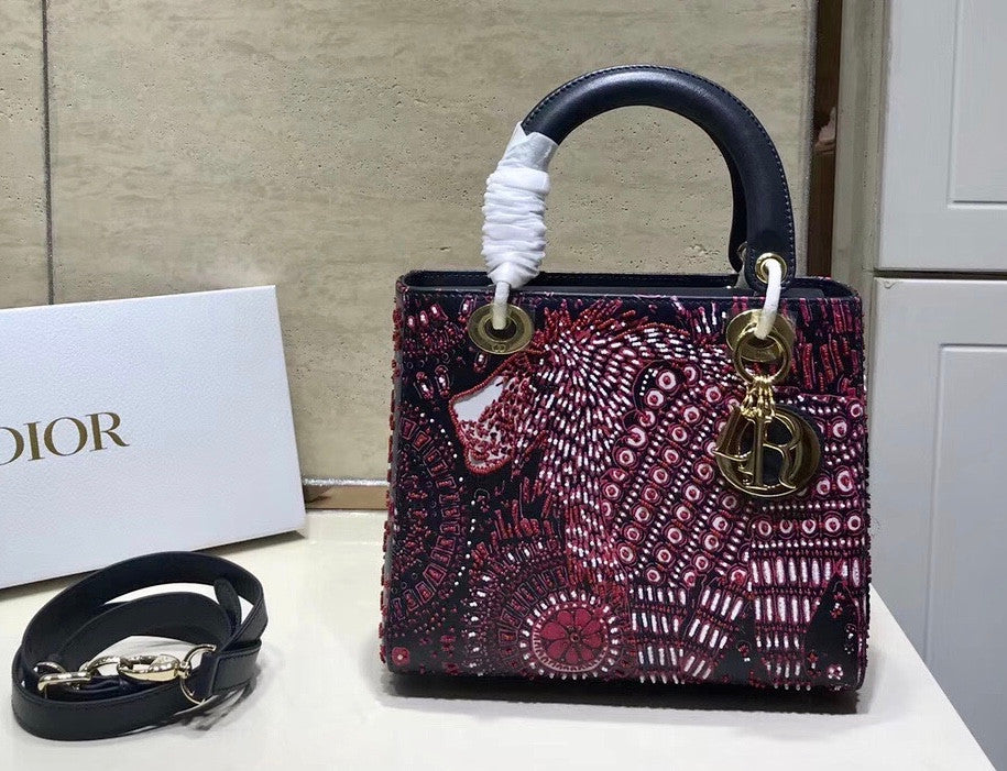 Christian Dior FUCHSIA LADY DIOR MEDIUM DIOR ANIMALS EMBROIDERED SMOOTH CALFSKIN BAG