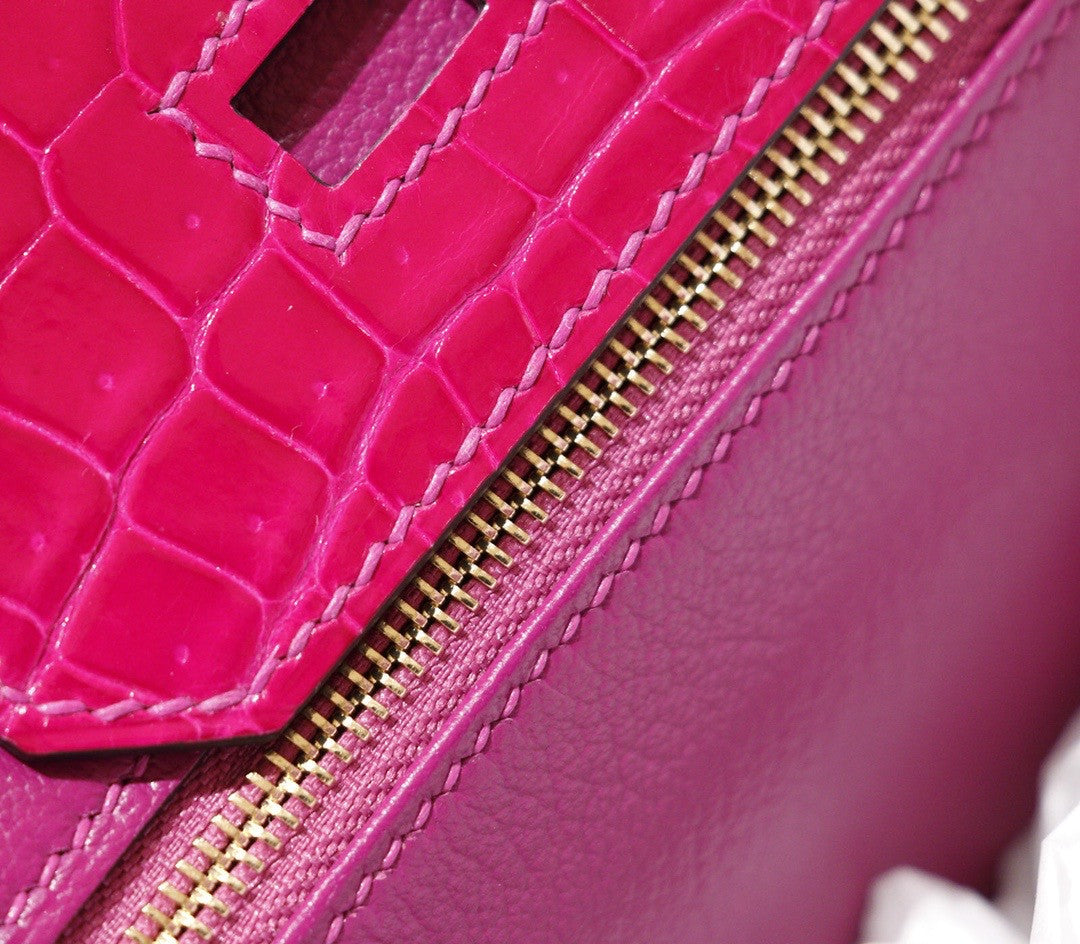 Hermes Birkin Touch 30 J5 Rose Sheherzade Shiny Niloticus Crocodile & Magnolia Togo leather with Gold Hardware