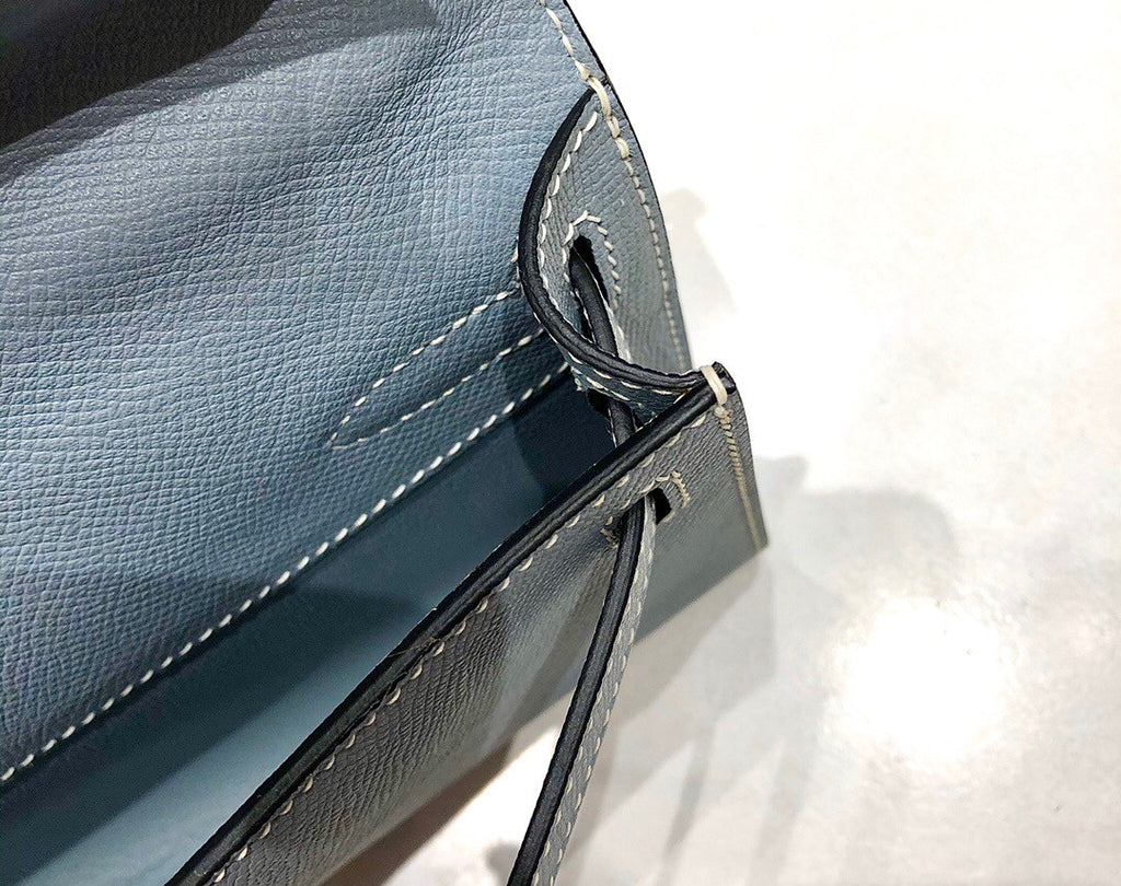 HERMES KELLY CUT CLUTCH BAG BLUE LIN EPSOM GOLD HARDWARE