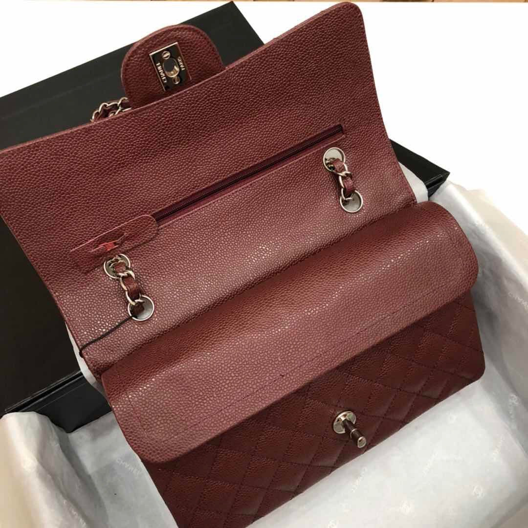 CHANEL Bordeaux Caviar Leather Classic Double Flap 2.55 Shoulder Bag Silver HW 2021