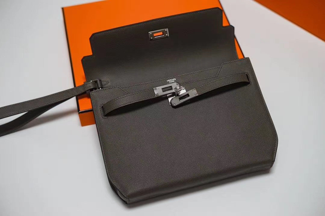 Hermes Kelly Depeches 25 Pochette Black Epsom Palladium Hardware