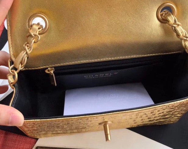 Chanel Mini Gold Metallic Crocodile Embossed Flap Bag