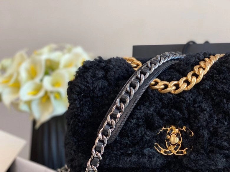 Chanel Shearling Sheepskin CHANEL 19 Flap Bag Black
