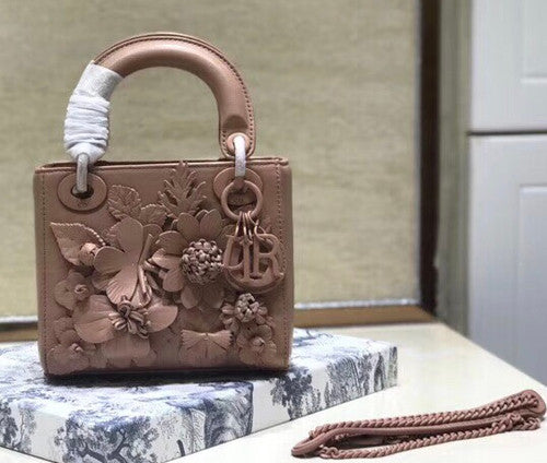 Christian Dior MINI LADY DIOR EMBROIDERED FLOWERS NUDE LAMBSKIN BAG