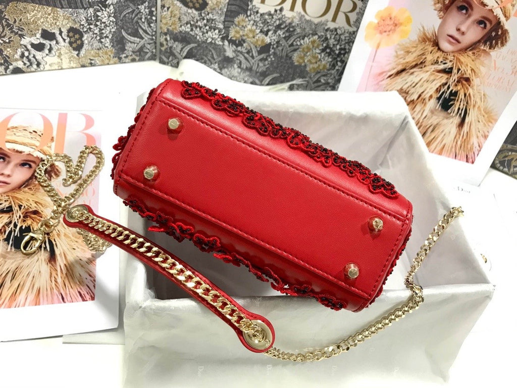 Christian Dior Mini LADY DIOR BAG Red Printed Calfskin with Multicolor Dior In Lights Pearl and Thread Embroidery