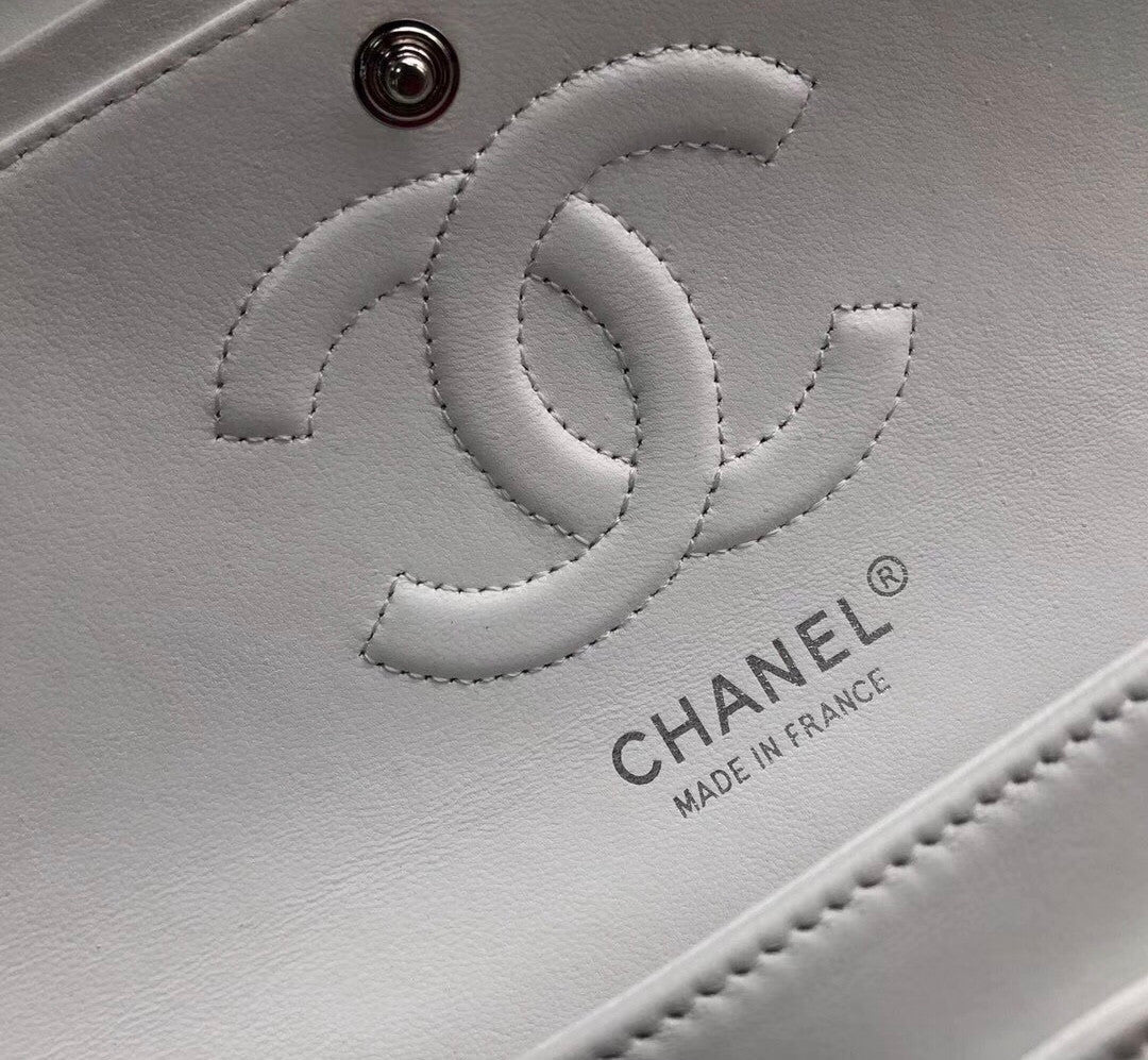 CHANEL White Lambskin Leather Classic Double Flap 2.55 Shoulder Bag With Silver Hardware