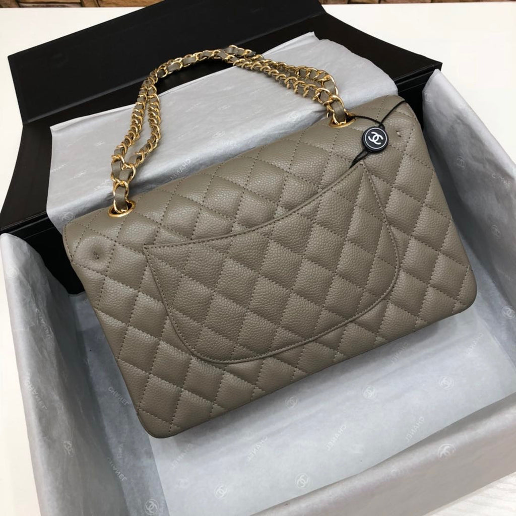 CHANEL Khaki Caviar Leather Classic Double Flap 2.55 Shoulder Bag Gold HW 2021