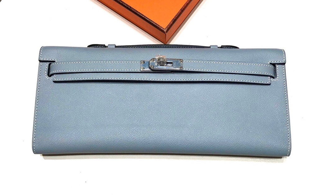 HERMES KELLY CUT CLUTCH BAG BLUE LIN EPSOM PALLADIUM HARDWARE