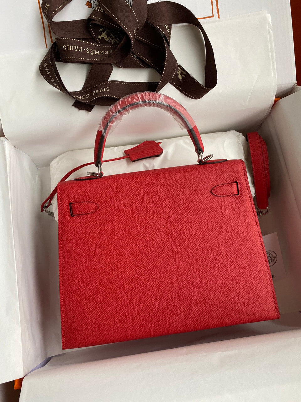 HERMES KELLY 28 SELLIER RED EPSOM PALLADIUM HARDWARE