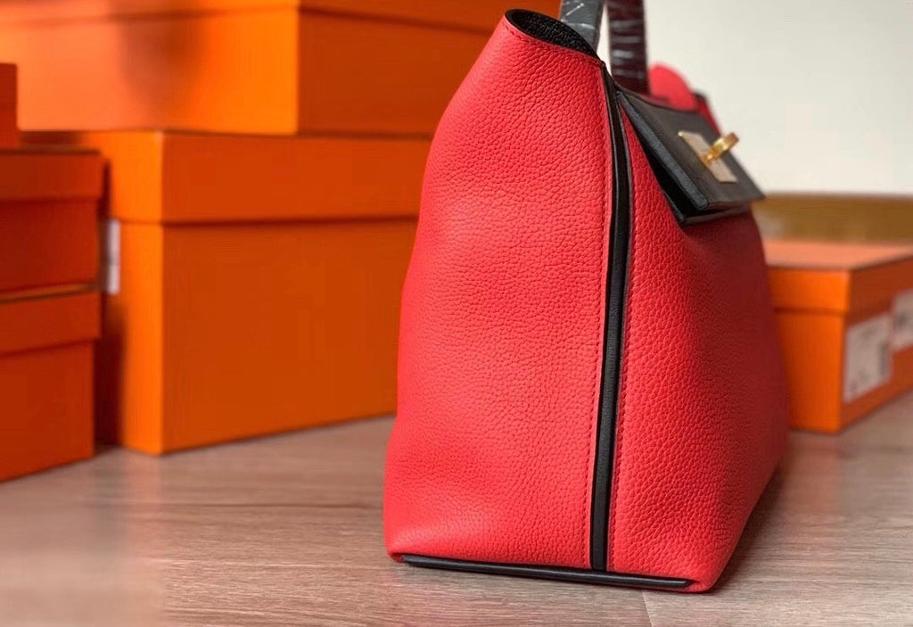 Hermes Kelly 24/24  Black & S5 Rouge Tomate  Swift & Togo Leather with Gold Hardware