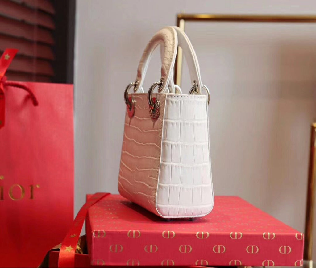 Christian Dior White  Alligator Mini Lady Dior Tote with gemstone hardware