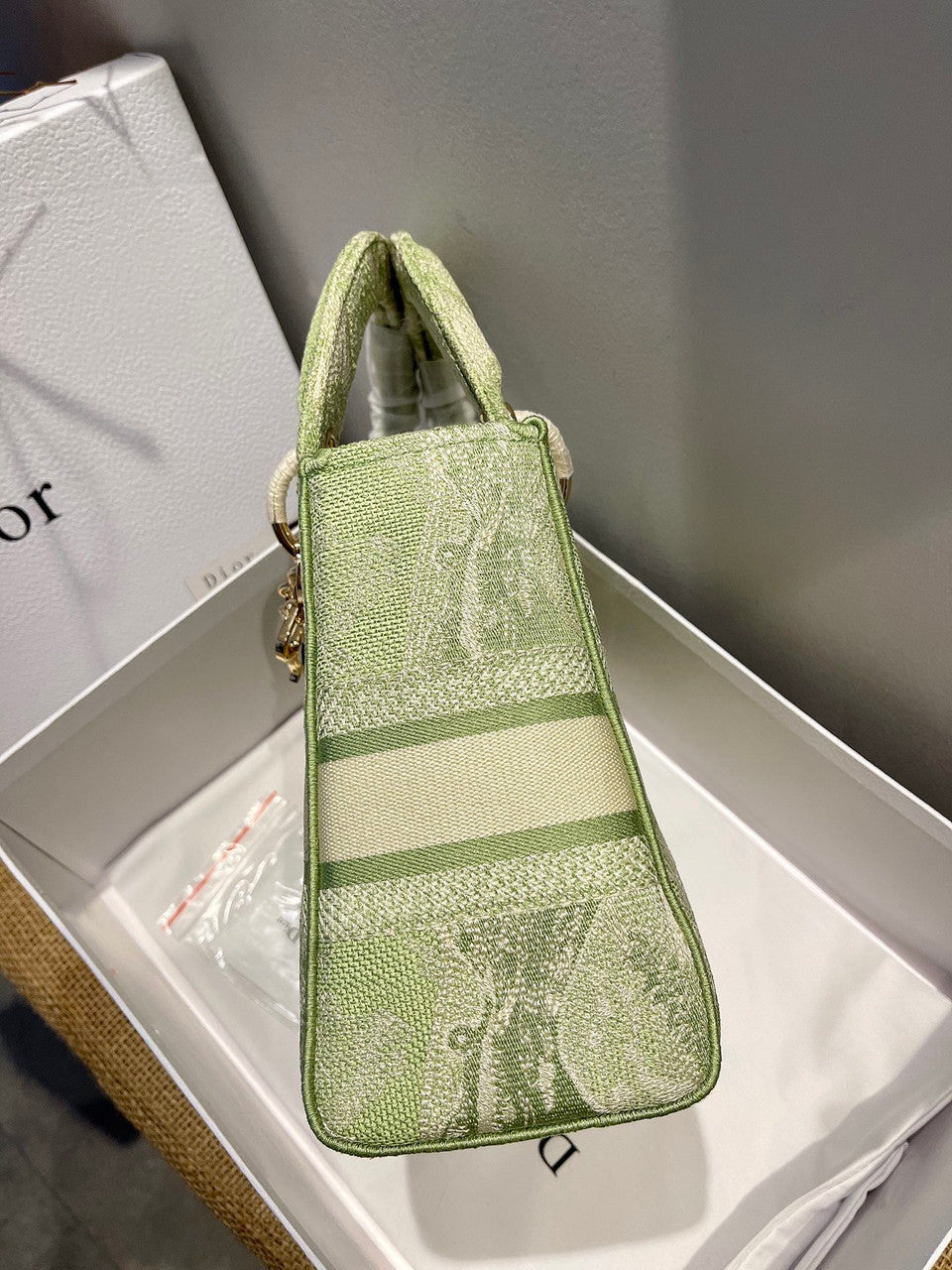 Christian Dior MEDIUM LADY D-LITE BAG Lime Toile de Jouy Reverse Embroidery