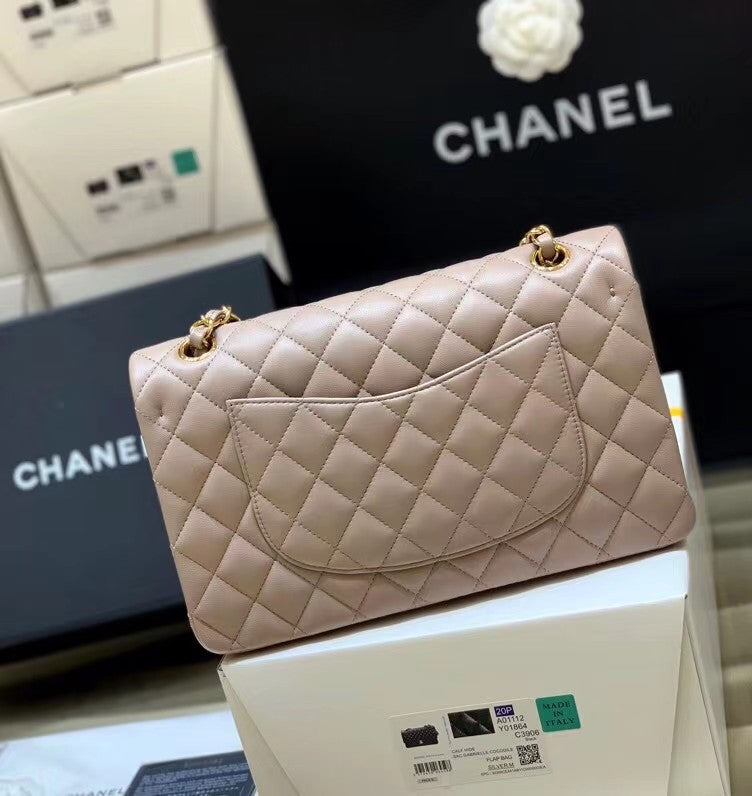 CHANEL  Gris Tourterelle Lambskin Leather Classic Double Flap 2.55 Shoulder Bag With Gold Hardware