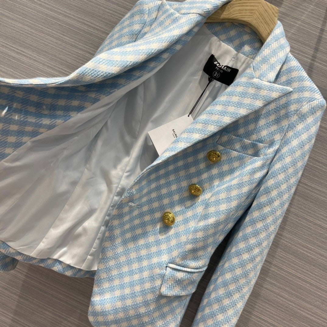 Balmain White and pale blue gingham print tweed jacket