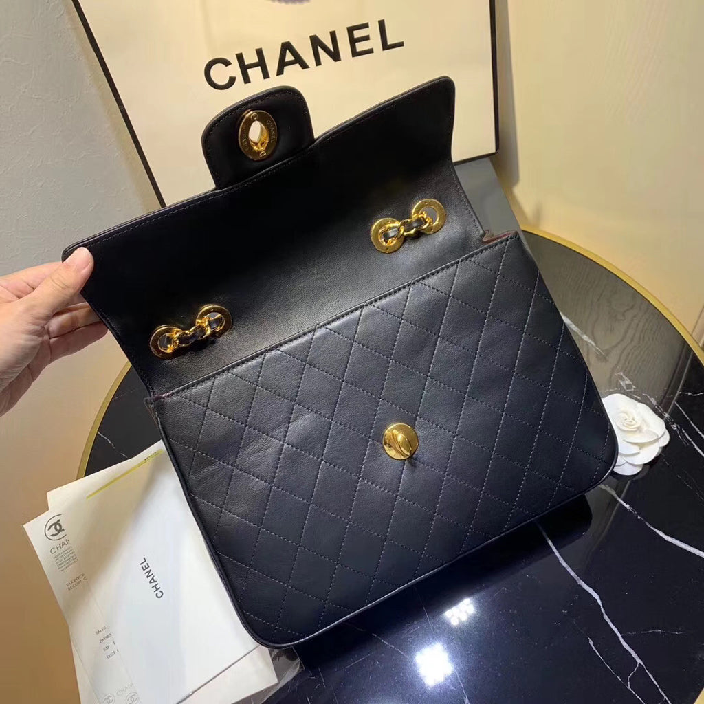 Chanel Vintage Retro Classic Flap XL Quilted Jumbo Large CC Logo GHW Black Lambskin Leather Cross Body Bag