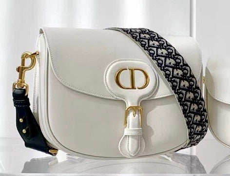 Christian Dior LARGE DIOR BOBBY BAG White Box Calfskin with Blue Dior Oblique Embroidered Strap