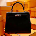 HERMES LIMITED EDITION KELLY 28 MISS YOU SELLIER UN POINT SUR DEUX NOIR BLACK MONSIEUR PALLADIUM HARDWARE