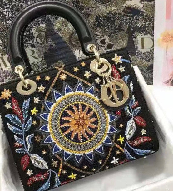 CHRISTIAN DIOR Limited Edition Black Leather Air Embroidered and Beaded Medium Lady Dior Bag