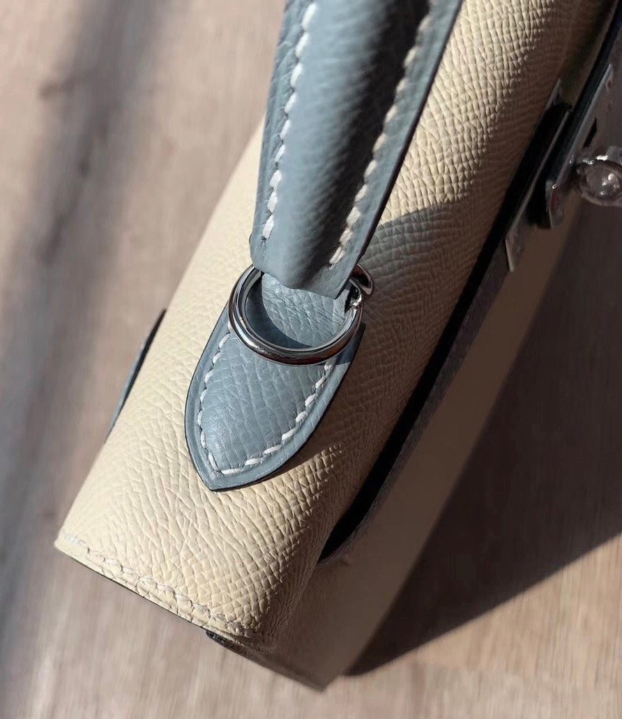 Hermes  Craie/ Blue Lin Kelly 25 cm Epsom Palladium  Hardware