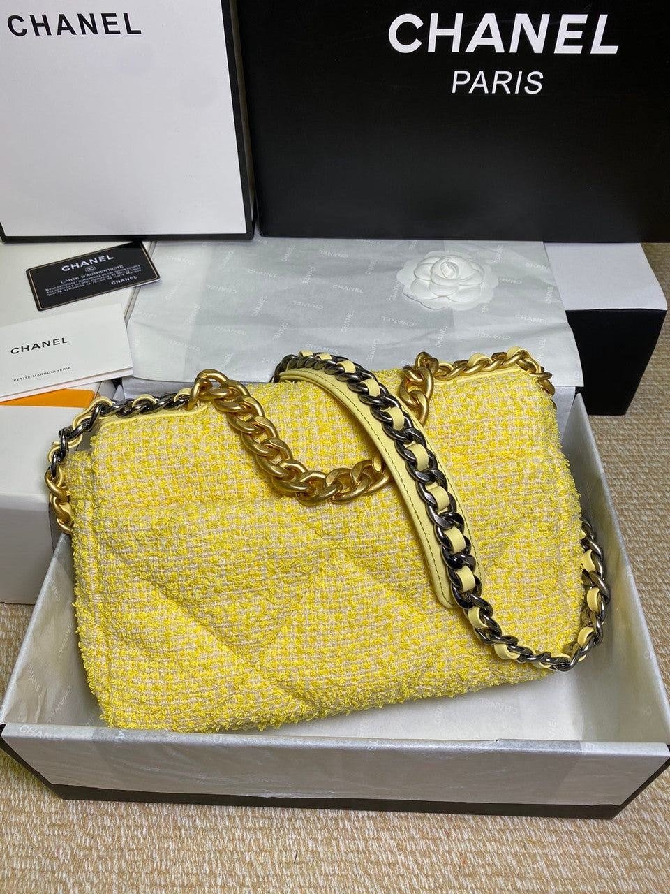Chanel Yellow Tweed 19 flap bag
