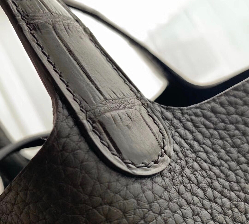 Herme Picotin Lock Touch bag MM Black Clemence leather/Matt alligator crocodile skin　Silver hardware