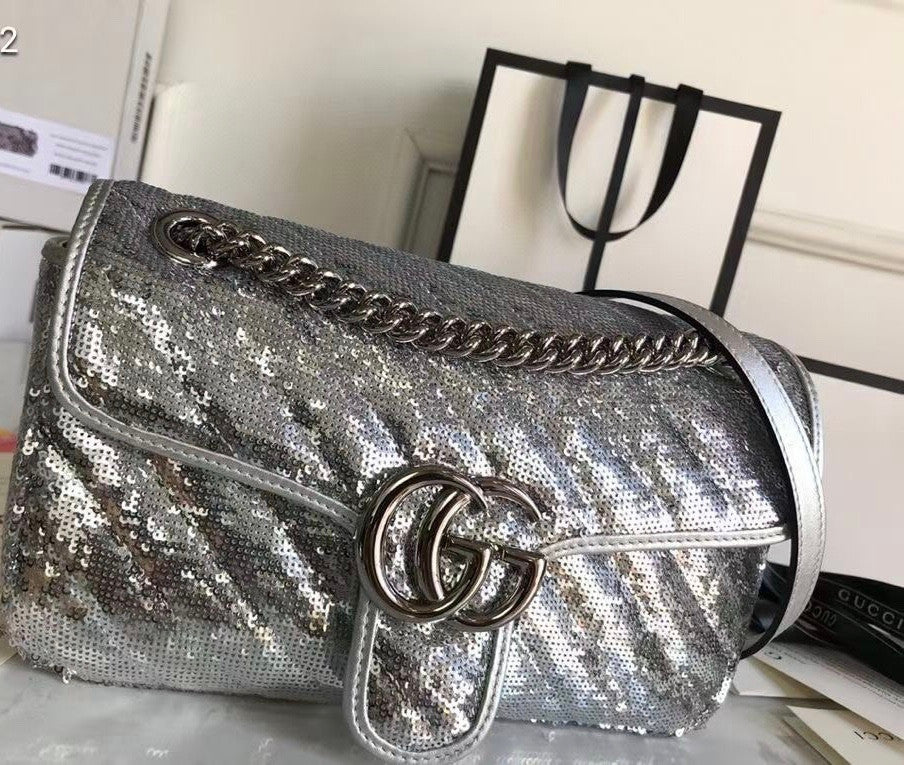 Gucci GG Marmont small Silver sequin shoulder bag