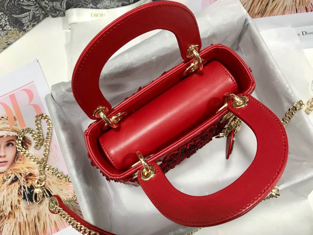 Christian Dior Mini LADY DIOR BAG Red Printed Calfskin with Multicolor Dior In Lights Pearl and Thread Embroidery