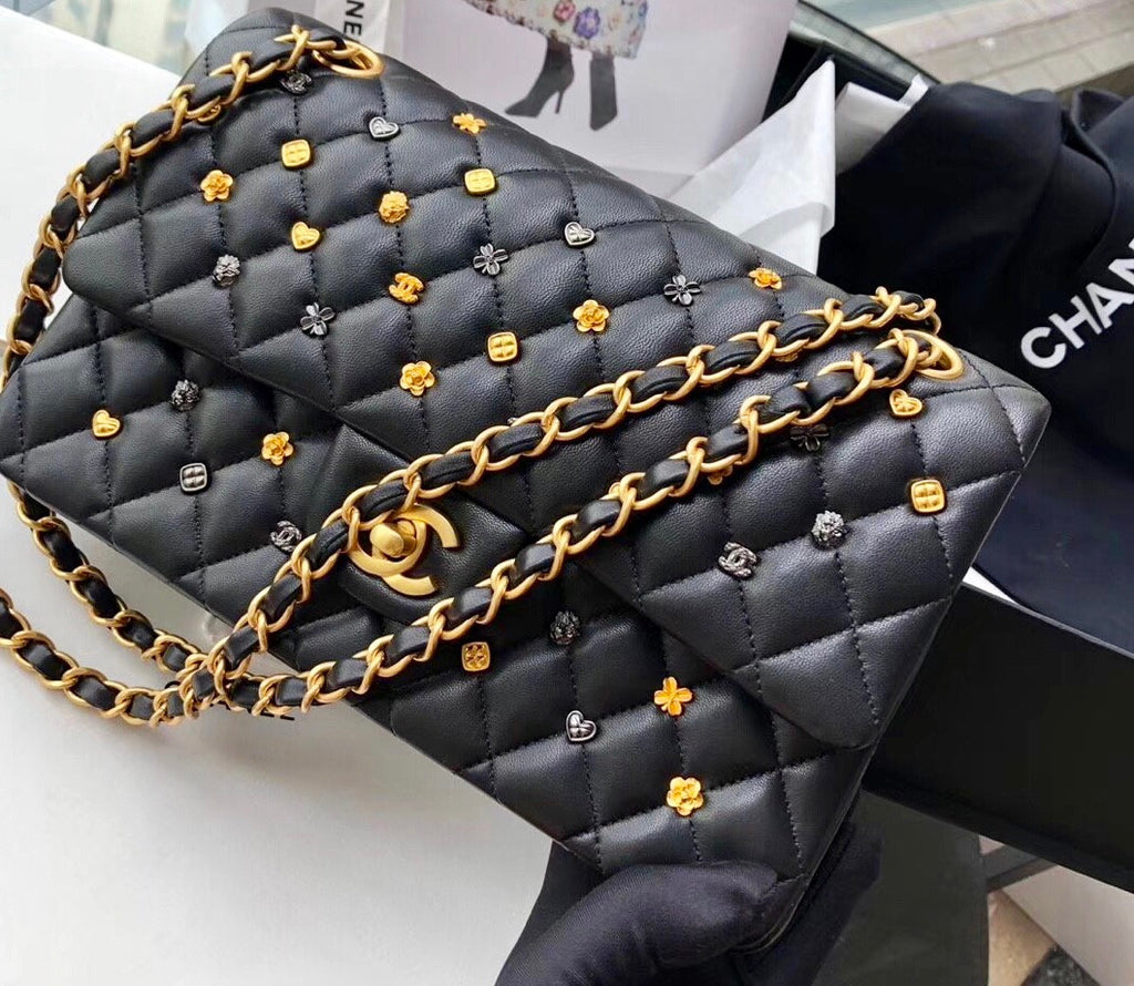 Chanel Black Leather Medium Classic 18K Gold Charms Double Flap Bag