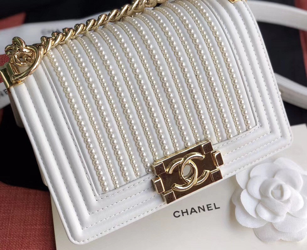 Chanel Small BOY CHANEL Handbag With Imitation Pearls White