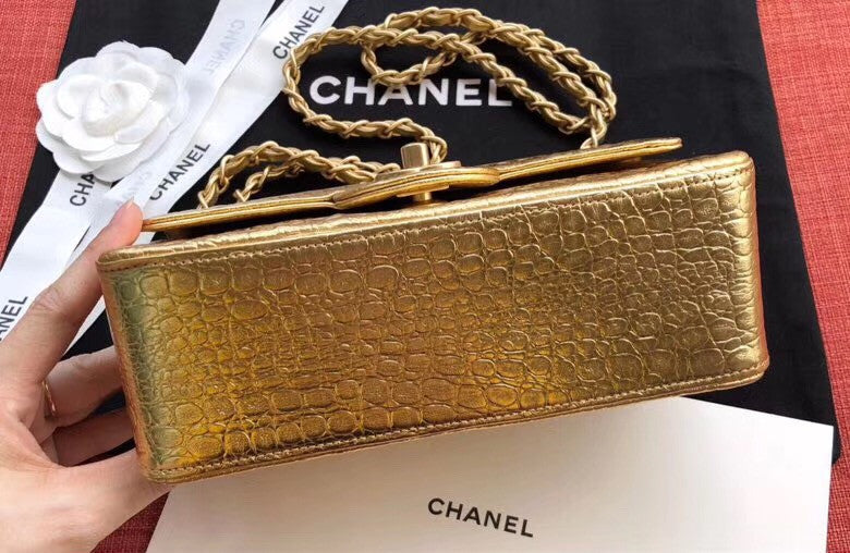 Chanel Mini Gold Metallic Crocodile Embossed Flap Bag