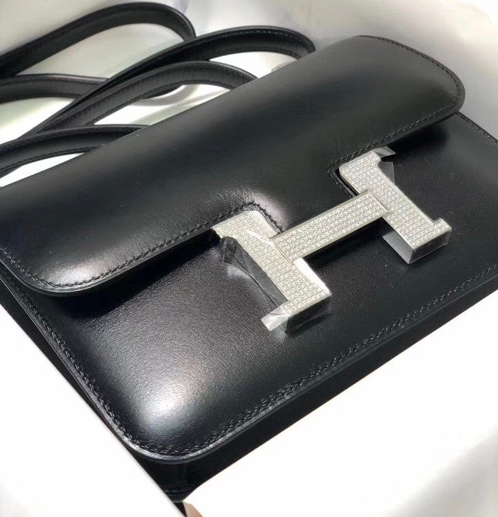 Hermes Black Box Leather  Constance 23 Bag with Diamonds